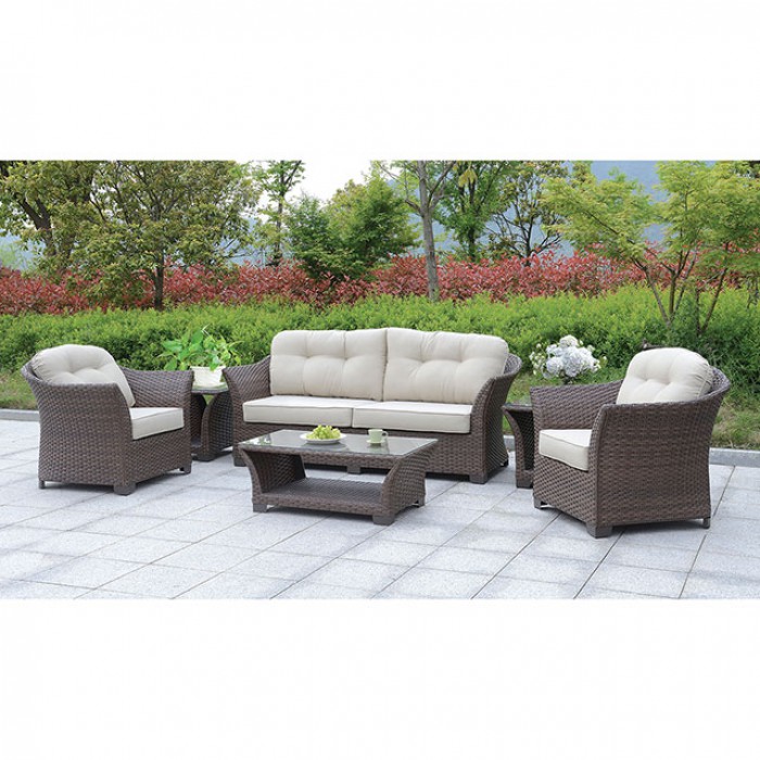 LUCKWIND Patio Sofa Chair Table Conversation Rattan, Ripple Green 4 Piece All-Weather Brown Checkered Wicker Rattan Seating Olefin 3-Layered Cushion Ottoman Modern Glass Coffee Table Outdoor 